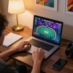 Player engaging in live dealer games at home, showcasing 28bets strategy and excitement.