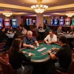 Players enjoying a vibrant gaming experience at Sunwin casino with lively table games and slot machines.