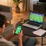 Engaging with the Trang chủ Lucky88 mobile app while betting on sports in a cozy home.