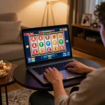 Enjoy online gaming with JUN88 as a player spins the reels on a laptop in a cozy setting.