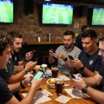 Engaged fans discussing football predictions while betting on live matches at a sports bar, capturing the excitement of sports betting.