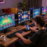 Player enjoying a strategic gaming session at home with x88 casino app on multiple screens.