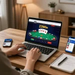 Engaged player using 23Win online casino on laptop with strategic notes nearby.