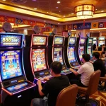 Players celebrating wins on slot machines at 888slot casino, vibrant atmosphere and gaming excitement