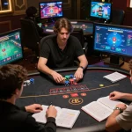 Engage in strategic online gambling at 98win9 with a professional gaming setup, showcasing intense poker gameplay.