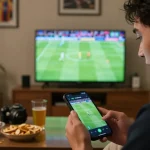 Engaging in sports betting while reviewing kèo nhà cái on smartphone during live soccer game.