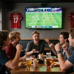 Dynamic sports betting scene with friends analyzing tỷ lệ kèo bóng đá in a lively bar