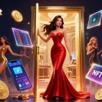 Experience excitement at hitclub-net with a beautiful woman in a VIP casino doorway amidst dynamic gaming elements.