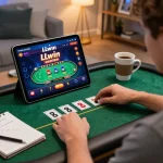 The player engaging with the trang chủ LLwin online casino, showcasing a dynamic gaming atmosphere with strategy notes.
