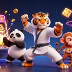 Play thrilling games on sunwin9 with a kung fu tiger, panda, and monkey in casino environment.