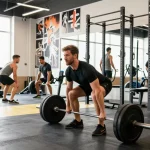 Prime Pharma Steroiden showcased in dynamic gym scene with bodybuilders training hard.
