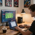 Engaging scene of a player using Fun88 com for live sports betting at home, with laptop and sports memorabilia.