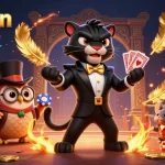 Join the excitement at 8kbetvn with a stylish panther dealing cards amidst festive casino elements.