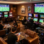 Kèo nhà cái showcasing bettors excitedly placing wagers in a vibrant sports betting lounge.