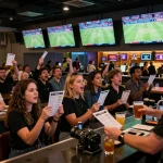 Engaged fans placing bets on keonhacai5 at a bustling sports bar, vibrant atmosphere.