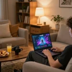 xocdia88 gaming session on a laptop with vibrant graphics in a cozy home setting