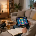 Engaging in go 88 online casino gaming on tablet in a cozy living room atmosphere