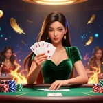 Experience high-stakes gambling at HitClub with a poised Asian woman at a luxurious poker table.