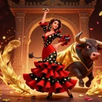 Experience the thrill of sumwin with a dazzling flamenco dancer and a fighting bull in this vibrant casino scene.