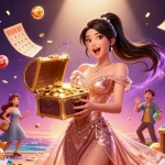 Play thrilling games at LLWIN casino, showcasing an exciting treasure chest filled with jackpots, lottery balls, and vibrant casino elements.