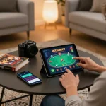 Engaging in online poker at home with 79king through a tablet showcasing vibrant game interface.