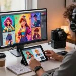 User exploring AI nsfw character designs on a modern desktop setup, showcasing creativity and technology integration.