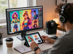 User exploring AI nsfw character designs on a modern desktop setup, showcasing creativity and technology integration.