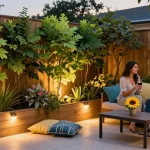 Leafly kunsthagen verbeteren de sfeer van een patio met levendige begroeiing en gezellige zitplaatsen.