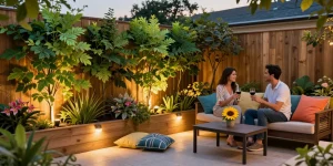 Leafly kunsthagen verbeteren de sfeer van een patio met levendige begroeiing en gezellige zitplaatsen.