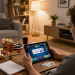 Engaged player using 9bet tablet for poker in a welcoming home setting with snacks and strategy notes