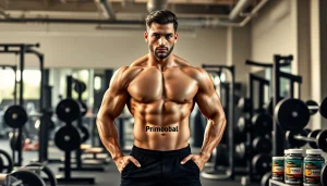 Primobal Primobolan fitness model demonstrating strength in a modern gym.