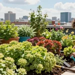 Verkenning van soorten sedum in een levendige stedelijke daktuin met een tuinier die de planten verzorgt.