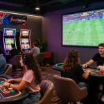 Diverse group playing casino games at jun88plcom in a vibrant gaming environment