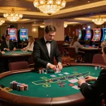 Players experiencing the excitement of blackjack at Lucks8 casino, with professional dealers and vibrant atmosphere.