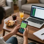 Engaged user placing bets on o8 app during live sports match in cozy home setting