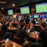 Shooting a thrilling sports betting scene with socolive2 in action at a lively sports bar.