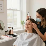 Het aanbrengen van poederwenkbrauwen in een heldere schoonheidssalon, met tools, klanttevredenheid en vakkundige technieken.