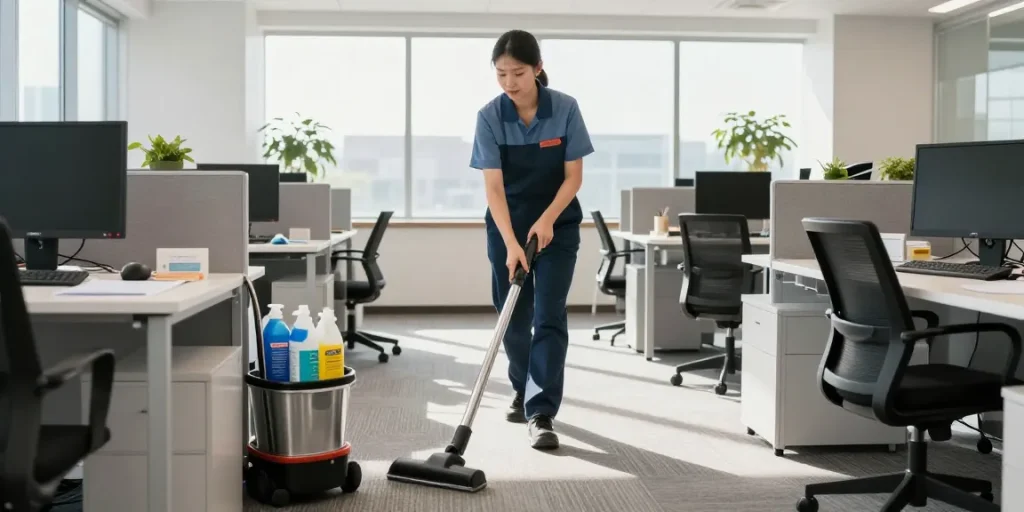 Schoonmaakbedrijf Den Haag professional cleaning a corporate office with sunlight streaming in.