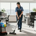 Schoonmaakbedrijf Den Haag professional cleaning a corporate office with sunlight streaming in.