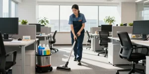 Schoonmaakbedrijf Den Haag professional cleaning a corporate office with sunlight streaming in.