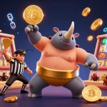Winner Island casino illustration showing a thrilling game scene with a beetle sumo champion and neon crypto coins.