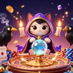 Spin to win with GG88 at the vibrant casino scene featuring the mystical fortune teller and tarot raven.