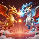 Immersive gambling scene featuring twin dragons and poker elements, highlighting tr88 games.
