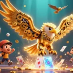 Engage with onbet experiences featuring a 3D golden eagle diving through holographic playing cards and sports elements.