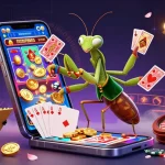 Immerse in SKY88's vibrant scene as a giant praying mantis dealer engages players with cards, champagne, and dazzling casino elements.