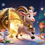 Miso88 casino scene with Krampus goat, angel mouse, and elf gremlins stealing chips while surrounded by treasure.