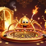 Spinning the roulette of chance, UU88 showcases a dynamic casino scene with a golden spider and treasures.