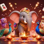 Play exciting casino games with the 11WIN-themed vibrant elephant and peacock in a festive atmosphere.