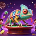Go88 cartoon chameleon casino owner surrounded by vibrant lottery balls and prizes, creating excitement.