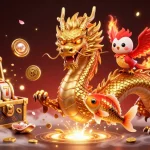 Experience thrilling gameplay with 8K BET featuring a golden dragon amid coins and lucky symbols.